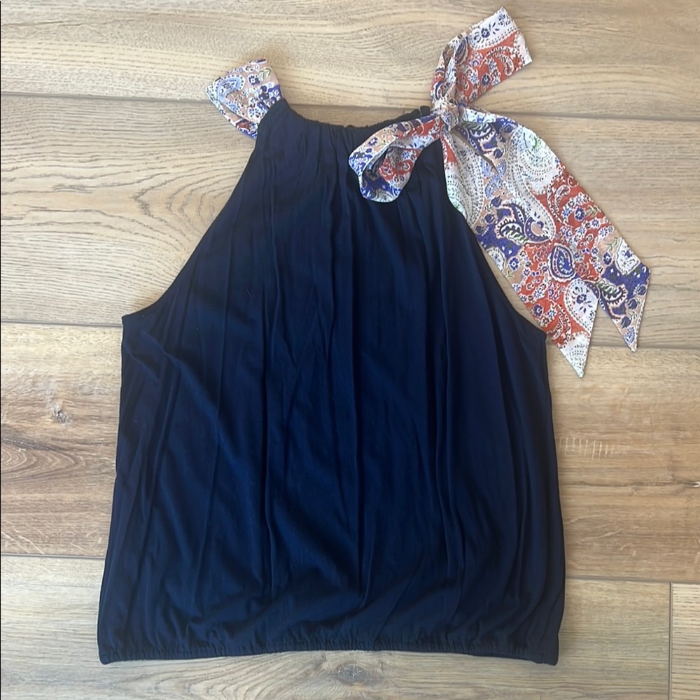 Anthropologie Navy Sleeveless Tank Top with Tie Front and Asymmetrical Design